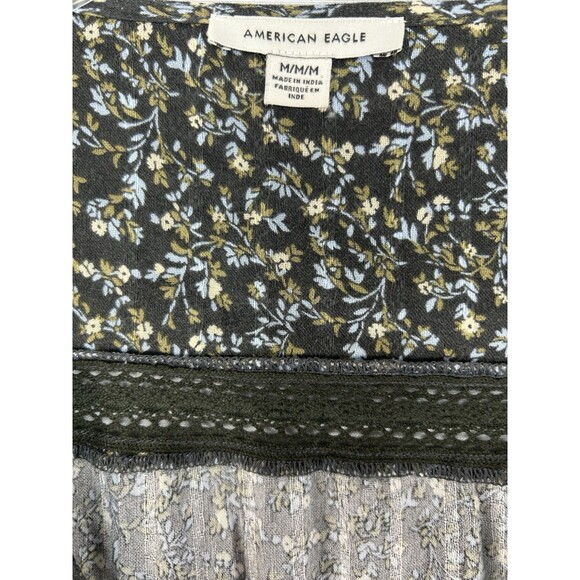 American Eagle Tie Front Top Boho Brown Floral Blouse Sz M Crochet Cottagecore - Picture 8 of 9